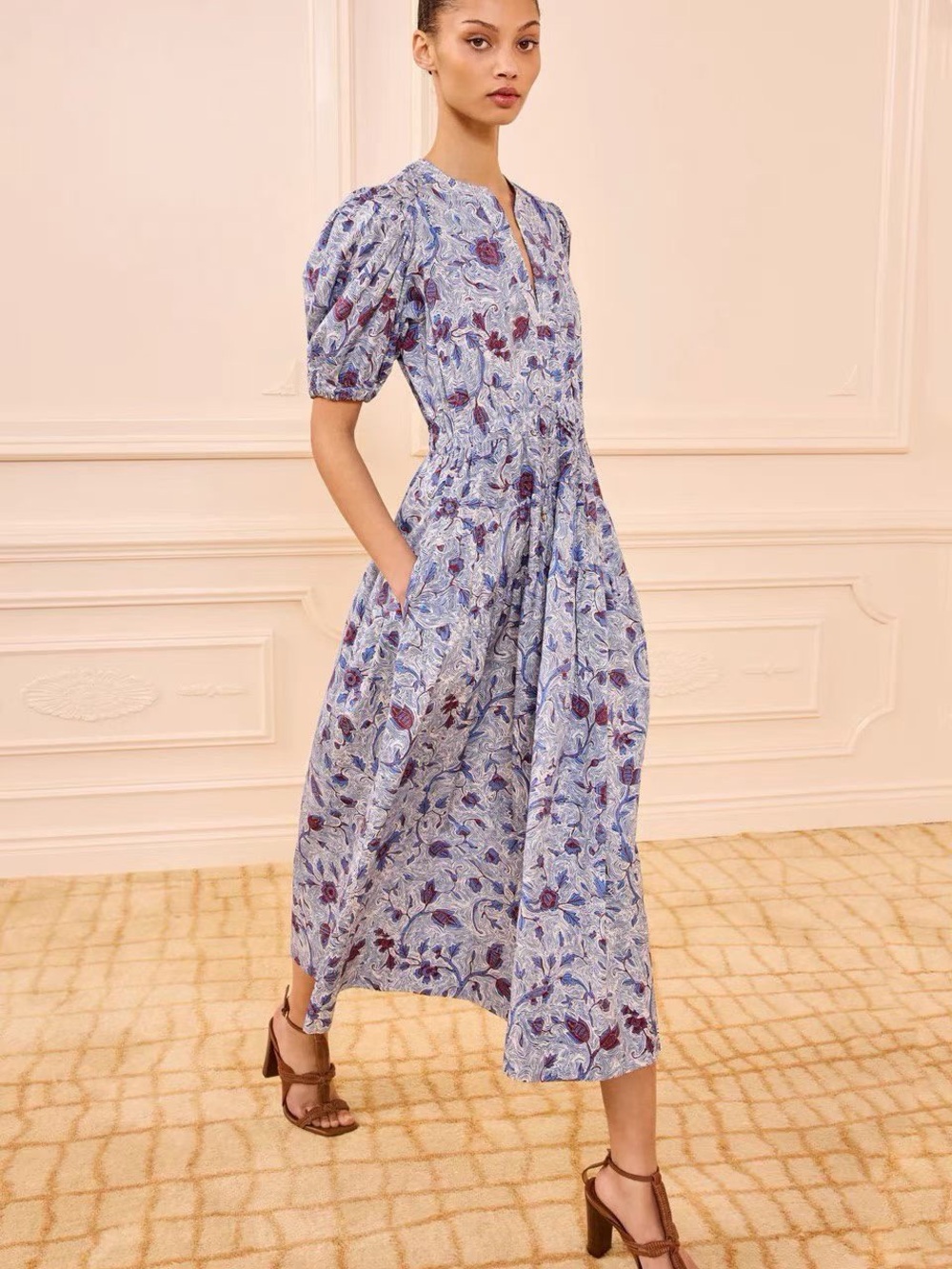 NWOT Ulla Johnson Blue Floral Puff-Sleeve Cotton Midi Dress, Size US 2/4/6/8 - Picture 4 of 7